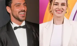 Michele Morrone w garniturze i uśmiechnięta kobieta w białej marynarce. Fani zastanawiają się, czy Michele Morrone ma żonę.