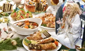 Czy catering wigilijny od gwiazd gastronomii smakuje jak domowy? Na stole ryba, zupa, ciasto i gwiazdki z ciasta francuskiego.