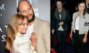 Agnieszka Kaczorowska z partnerem, a obok niej mężczyzna w granatowej marynarce.