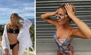 Dwie kobiety w letnich stylizacjach. Jedna w bikini i białej koszuli, druga w kolorowej sukience. Ciekawe, ile lat ma Bletka, że tak świetnie wygląda.