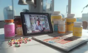 Czy suplementy diety od gwiazd instagrama są bezpieczne dla zdrowia? Tablet z filmem, butelki z suplementami i gazeta na stole.