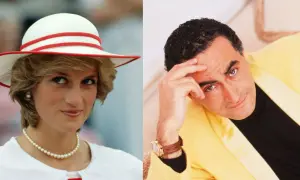 Księżna Diana w kapeluszu i Dodi Al Fayed w żółtej marynarce.
