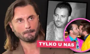 Trzy zdjęcia Gabriela Seweryna: zbliżenie twarzy, portret i pocałunek z mężczyzną.