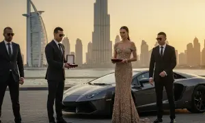 Elegancka kobieta w sukni i mężczyźni w garniturach stoją obok sportowego samochodu na tle Dubaju.