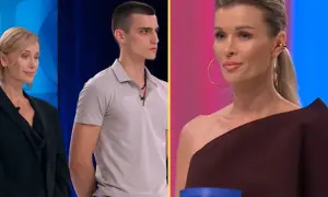 Kto odpadnie z Top Model? Dwie kobiety i młody mężczyzna w jasnej koszulce czekają na werdykt jury.