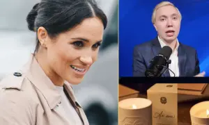 Czy świece zapachowe od influencerki pachną tak intensywnie jak obiecuje? Na zdjęciu Meghan Markle i mężczyzna recenzujący świece.