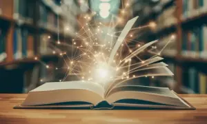 Otwarta księga z magicznymi światłami i siecią połączeń na tle biblioteki.