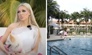 Gwiazda udająca Amerykankę w polskim show-biznesie, z psem na rękach. Obok basen z palmami i ludźmi.
