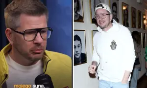 Chajzer w żółtej kurtce i w białej bluzie z czapką. Czy Chajzer ma dzieci? Na zdjęciu widać też portrety.