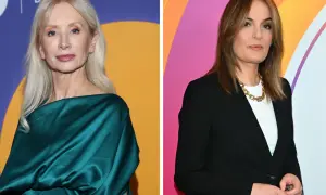 Dwie kobiety, Ewa Gawryluk i Dorota Gawryluk, obie w eleganckich strojach, pozują do zdjęć. Czy są siostrami?