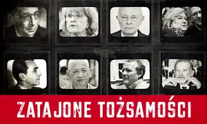 Osiem czarno-białych zdjęć osób w ramkach, pod nimi napis "ZATAJONE TOŻSAMOŚCI". Czy to historia, dlaczego znany dziennikarz zmienił nazwisko przed rozpoczęciem kariery?
