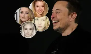 Uśmiechnięty Elon Musk na czarnym tle, obok niego w okręgach twarze kobiet, które mogłyby być matkami dzieci Elona Muska.