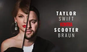 Taylor Swift kontra Scooter Braun. Obraz symbolizuje spór o prawa do utworów, podkreślając szczegóły ugody między piosenkarką a jej byłym menedżerem.
