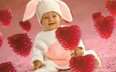 Uśmiechnięte niemowlę w stroju królika, otoczone serduszkami. Pamiętacie, które dzieci gwiazd zadebiutowały w reklamach jeszcze jako noworodki?
