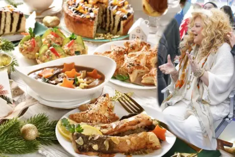 Czy catering wigilijny od gwiazd gastronomii smakuje jak domowy? Na stole ryba, zupa, ciasto i gwiazdki z ciasta francuskiego.