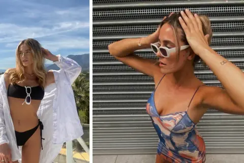 Dwie kobiety w letnich stylizacjach. Jedna w bikini i białej koszuli, druga w kolorowej sukience. Ciekawe, ile lat ma Bletka, że tak świetnie wygląda.