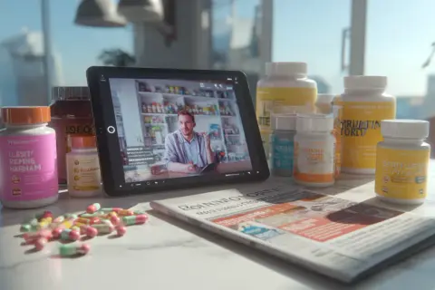 Czy suplementy diety od gwiazd instagrama są bezpieczne dla zdrowia? Tablet z filmem, butelki z suplementami i gazeta na stole.