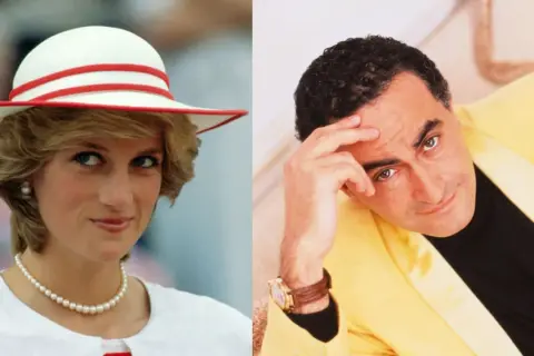 Księżna Diana w kapeluszu i Dodi Al Fayed w żółtej marynarce.