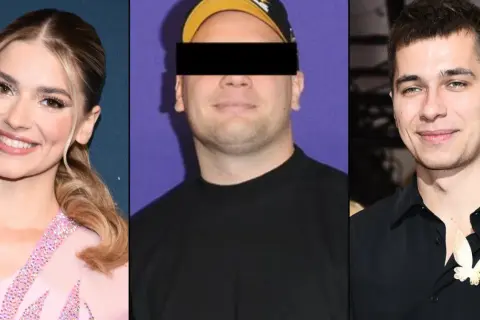 Ktoś został przyłapany na kłamstwie w ostatnim vlogu. Na zdjęciu influencerka w różowej sukni, mężczyzna z zakrytą twarzą i młody mężczyzna w czarnej koszuli z broszką.