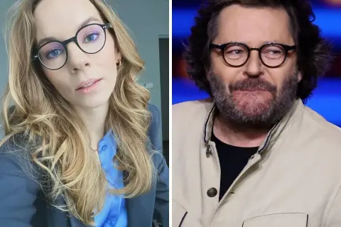 Hanna Turnau i jej mąż, Tomasz Kammel, w okularach. Ona w niebieskiej koszuli, on w beżowej kurtce.