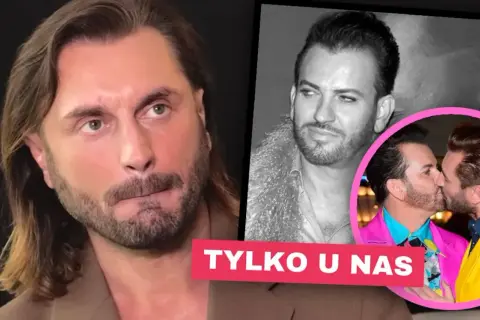 Trzy zdjęcia Gabriela Seweryna: zbliżenie twarzy, portret i pocałunek z mężczyzną.
