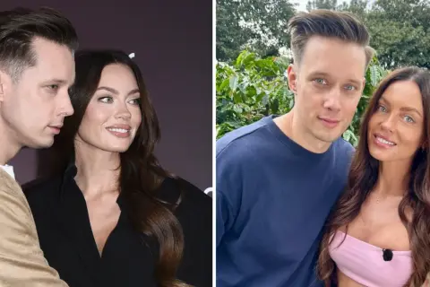 Edyta Zając z partnerem, uśmiechnięci, w dwóch różnych stylizacjach.