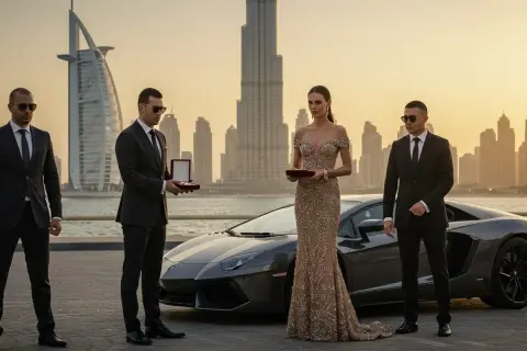 Elegancka kobieta w sukni i mężczyźni w garniturach stoją obok sportowego samochodu na tle Dubaju.