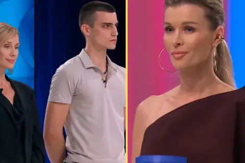 Kto odpadnie z Top Model? Dwie kobiety i młody mężczyzna w jasnej koszulce czekają na werdykt jury.