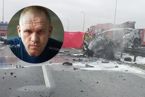 Szczegóły wypadku luksusowego auta znanego sportowca. Zniszczony pojazd, strażacy i namiot na miejscu zdarzenia.