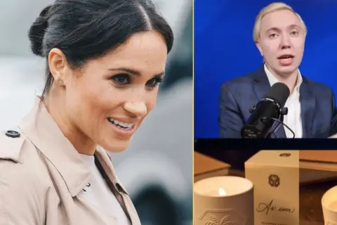 Czy świece zapachowe od influencerki pachną tak intensywnie jak obiecuje? Na zdjęciu Meghan Markle i mężczyzna recenzujący świece.
