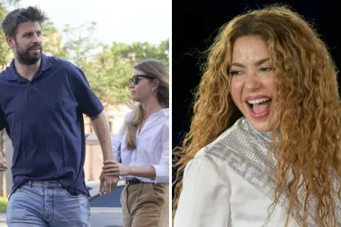 Gerard Piqué z Clarą Chía Marti spacerują, podczas gdy Shakira śpiewa na scenie.