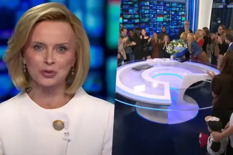 Gwiazda TVN, która ogłosiła odejście ze stacji po kilkunastu latach, żegna się z zespołem. Widać ją na ekranie obok sceny pożegnania z bukietem kwiatów.