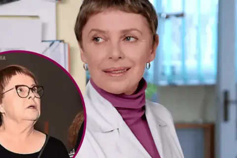 Gwiazda reality show w białym kitlu i fioletowym golfie. W tle widać fragment innej kobiety w okularach, co może być powodem nagłej hospitalizacji gwiazdy popularnego reality show.