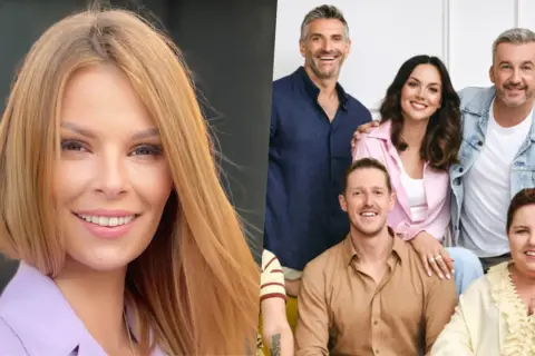 Uśmiechnięta prowadząca Dzień Dobry TVN obok grupy prezenterów.