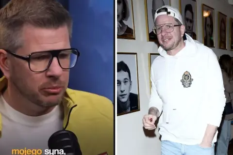 Chajzer w żółtej kurtce i w białej bluzie z czapką. Czy Chajzer ma dzieci? Na zdjęciu widać też portrety.