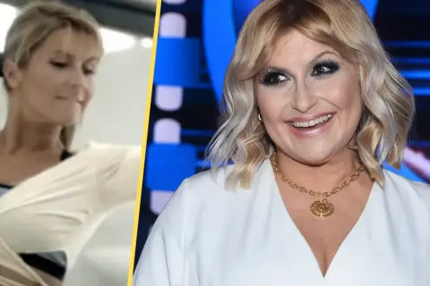 Gwiazda z listą gwiazd, które straciły kontrakty reklamowe przez skandal, w białej kreacji i złotym naszyjniku.
