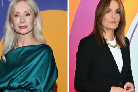 Dwie kobiety, Ewa Gawryluk i Dorota Gawryluk, obie w eleganckich strojach, pozują do zdjęć. Czy są siostrami?
