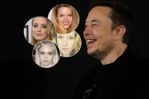 Uśmiechnięty Elon Musk na czarnym tle, obok niego w okręgach twarze kobiet, które mogłyby być matkami dzieci Elona Muska.