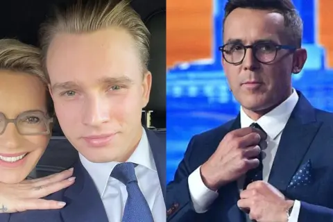Syn popularnego prezentera zrezygnował z kariery w mediach. Na zdjęciu on i jego matka, obok fragment prezentera.