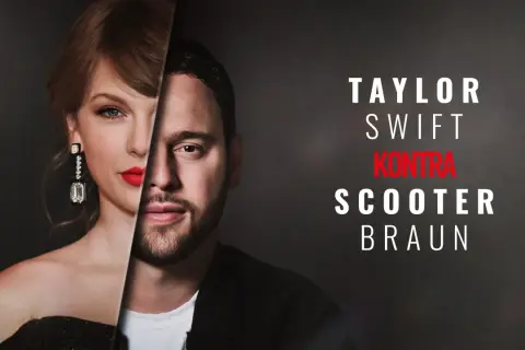 Taylor Swift kontra Scooter Braun. Obraz symbolizuje spór o prawa do utworów, podkreślając szczegóły ugody między piosenkarką a jej byłym menedżerem.
