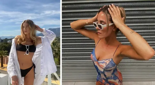Dwie kobiety w letnich stylizacjach. Jedna w bikini i białej koszuli, druga w kolorowej sukience. Ciekawe, ile lat ma Bletka, że tak świetnie wygląda.