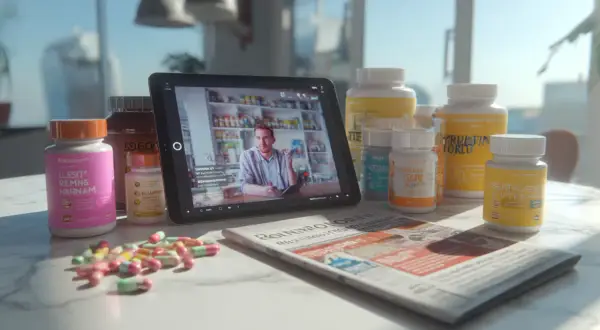 Czy suplementy diety od gwiazd instagrama są bezpieczne dla zdrowia? Tablet z filmem, butelki z suplementami i gazeta na stole.