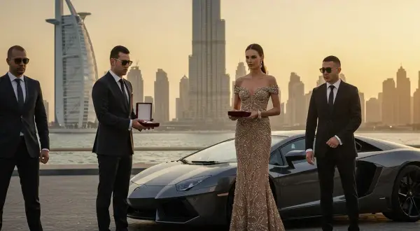 Elegancka kobieta w sukni i mężczyźni w garniturach stoją obok sportowego samochodu na tle Dubaju.