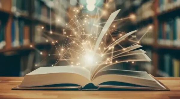 Otwarta księga z magicznymi światłami i siecią połączeń na tle biblioteki.