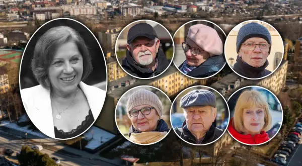 Barbara Skrzypek z mężem i innymi osobami na tle miasta.
