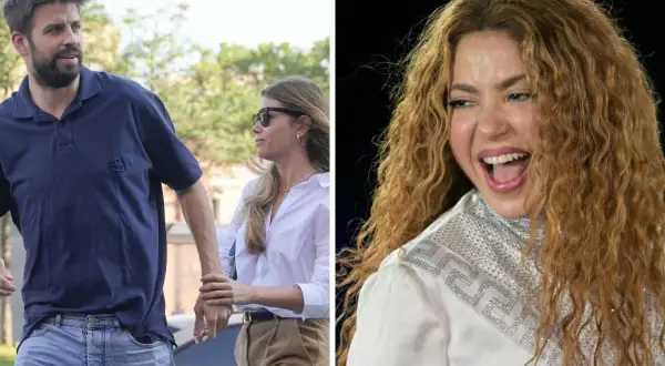 Gerard Piqué z Clarą Chía Marti spacerują, podczas gdy Shakira śpiewa na scenie.