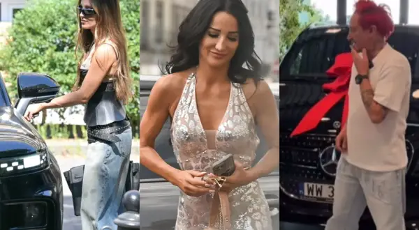 Gwiazdy w swoich autach: czy to własne, czy leasing reklamowy? Trzy ujęcia pokazują celebrytów przy luksusowych samochodach.