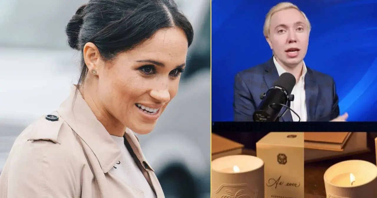 Czy świece zapachowe od influencerki pachną tak intensywnie jak obiecuje? Na zdjęciu Meghan Markle i mężczyzna recenzujący świece.