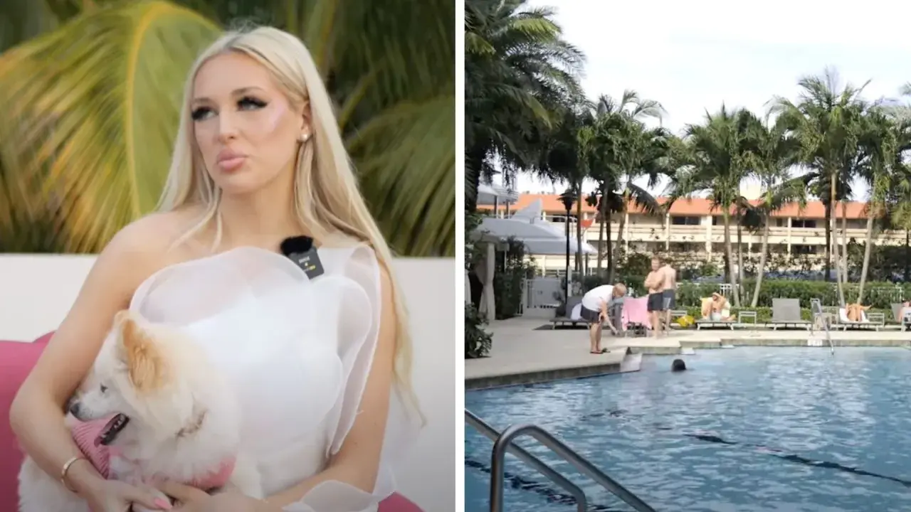 Gwiazda udająca Amerykankę w polskim show-biznesie, z psem na rękach. Obok basen z palmami i ludźmi.