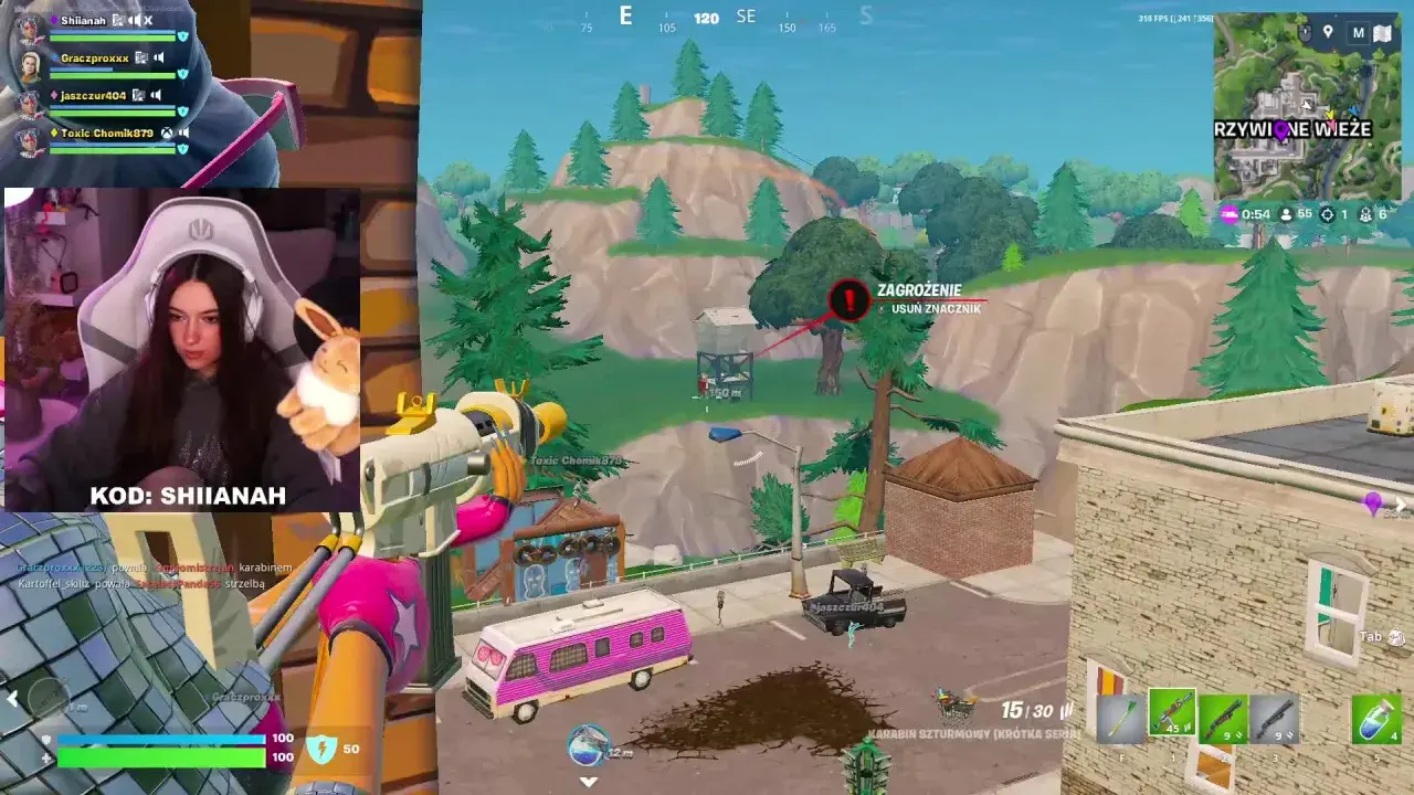 Graczka Shianah gra w Fortnite. Czy Yoshi ma dziewczynę? Na ekranie widać jej postać i innych graczy.